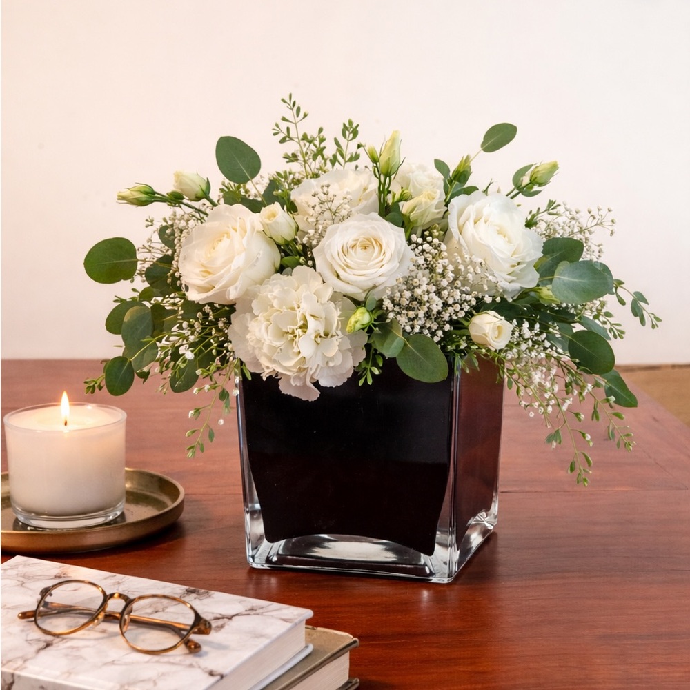 Modern Black Glass Cube Vase Teleflora Gift Square Floral Planter 4”
